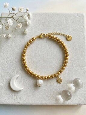 18K Gold Plated Beaded Bracelet Celestial Boho Sun Pearl Charm Stackable NWT